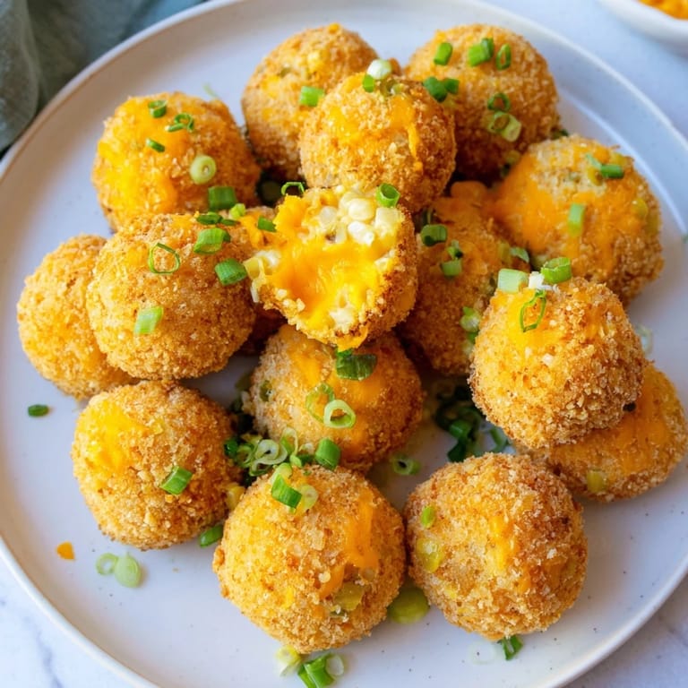 Freshly fried golden corn and cheddar fritters, perfectly crisp on the outside, a delightful appetizer.