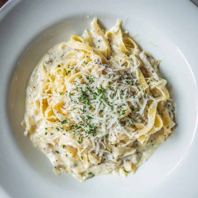 Gleaming strands of The Perfect 20-Minute Creamy Alfredo Pasta, coated in a luscious, savory sauce.