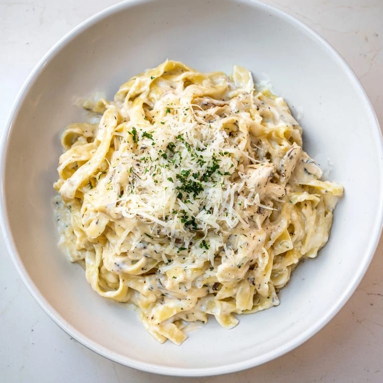 Enjoy a steaming bowl of The Perfect 20-Minute Creamy Alfredo Pasta topped with fresh parsley and cheese.