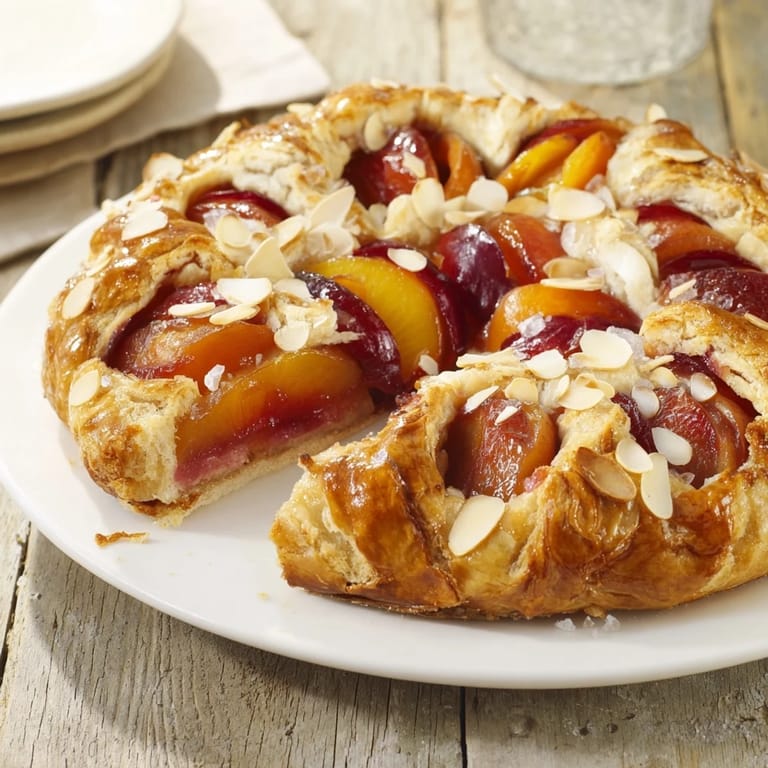 Slices of the French-inspired Rustic Peach and Almond Tart rest, ready for serving, on a wooden board.