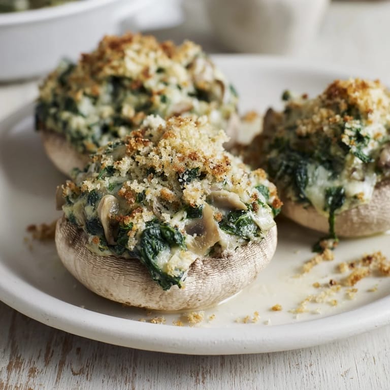 Savory Creamy Spinach and Artichoke Stuffed Mushrooms with melted cheese, baked to tender perfection.