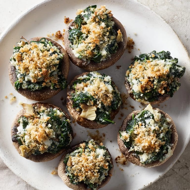 Golden breadcrumb-topped Creamy Spinach and Artichoke Stuffed Mushrooms, ready to serve as a vegetarian delight.