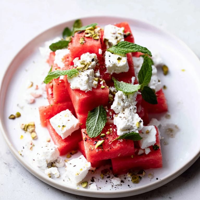This refreshing fresh Watermelon and Feta Salad, topped with creamy feta, is ready to be enjoyed.