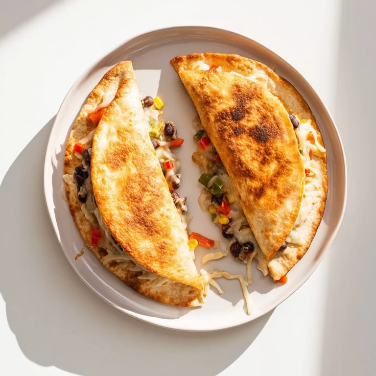Close-up of a perfectly cooked Quick Black Bean and Corn Quesadilla, ready to be cut and enjoyed.