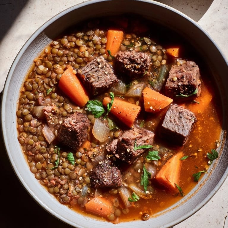 Savory One-Pot Spicy Beef and Lentil Soup simmering, filled with tender beef and vegetables; perfect for a chilly evening.