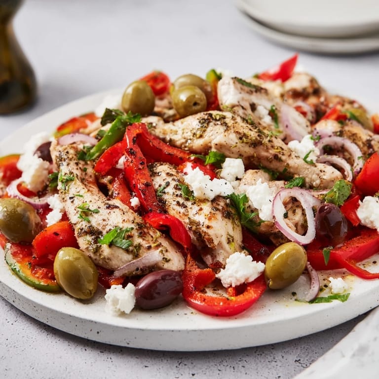 Golden-brown Easy Sheet Pan Greek Chicken thighs mingled with colorful vegetables and salty olives, ready to serve.