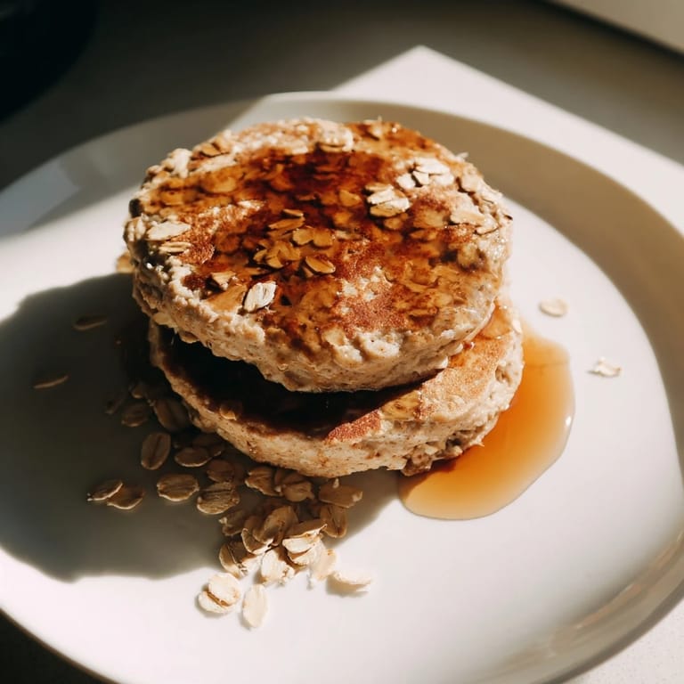 Warm banana oat pancakes, featuring a delicious, natural sweetness, perfect for a quick, healthy meal.