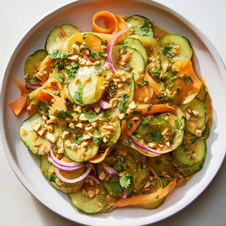 A bowl of bright Thai-Style Peanut Cucumber Salad, featuring peanuts and sesame seeds, perfect for serving.