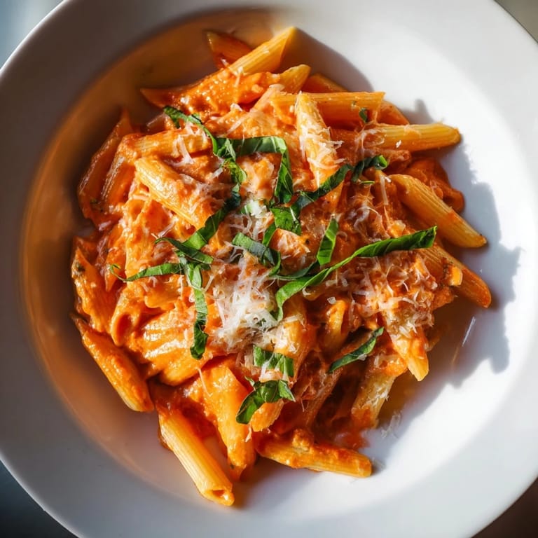 Steaming bowl of Basil Garlic One-Pot Creamy Tomato Pasta, garnished with fresh basil, smells divine and tastes delicious.
