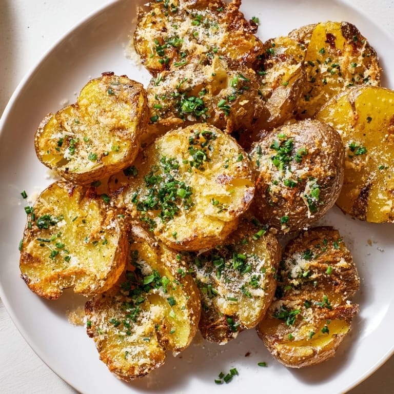 Savory Parmesan smashed potatoes with herbs offer a delightful aroma; imagine the satisfying crunch!