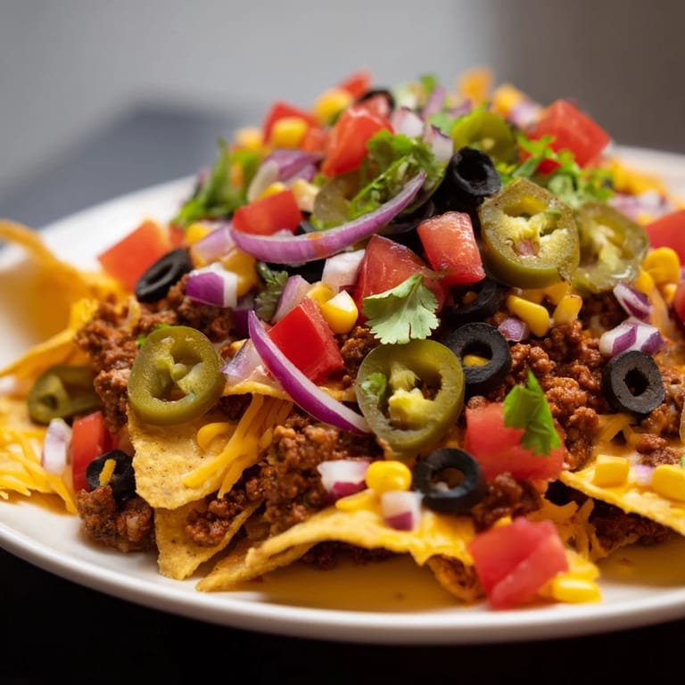 A tray of perfectly baked Easy Sheet-Pan Nachos: loaded tortilla chips with cheese, beef, and vibrant toppings.