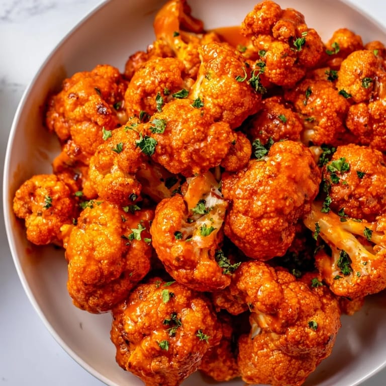 Crispy-baked Sriracha-Buffalo cauliflower: a vegan appetizer with a delicious, spicy glaze.