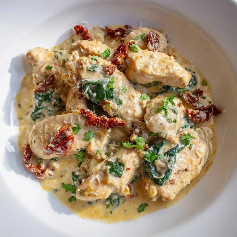 A close-up of finished Creamy Tuscan Chicken, garnished with parsley, ready to enjoy with a side.