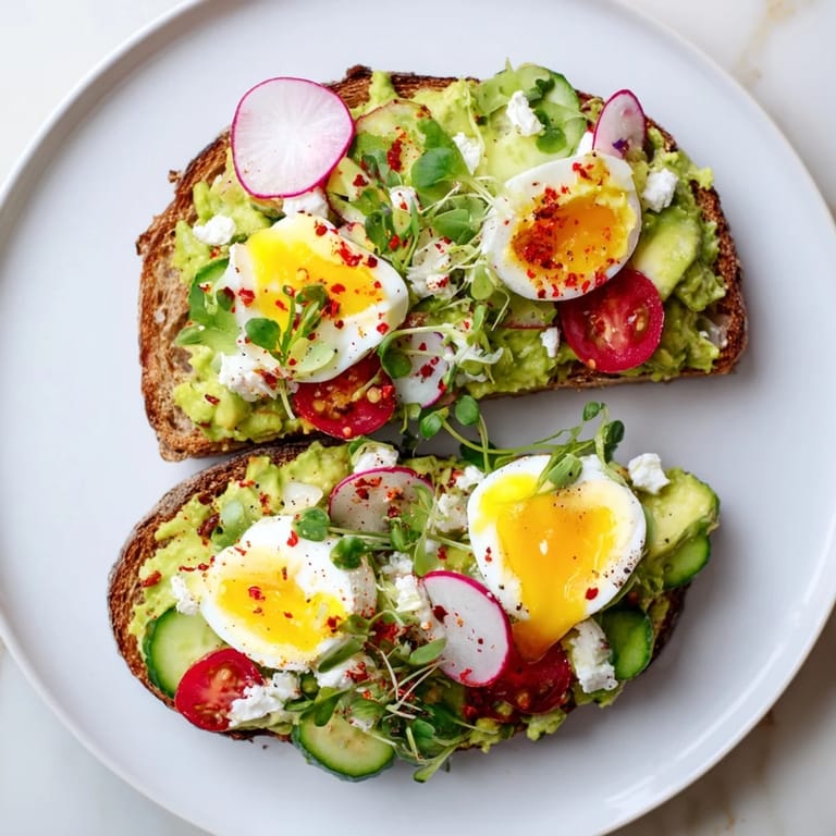 Bright and colorful Loaded Avocado Toast featuring fresh vegetables and creamy avocado, ready to eat.