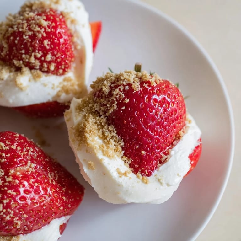 Creamy, tangy Cheesecake Stuffed Strawberries, showcasing the delectable cheesecake filling inside each berry.