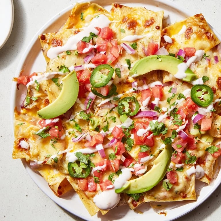 A close-up shot of pasta chips nachos with a creamy, vibrant zesty sauce drizzled on top.