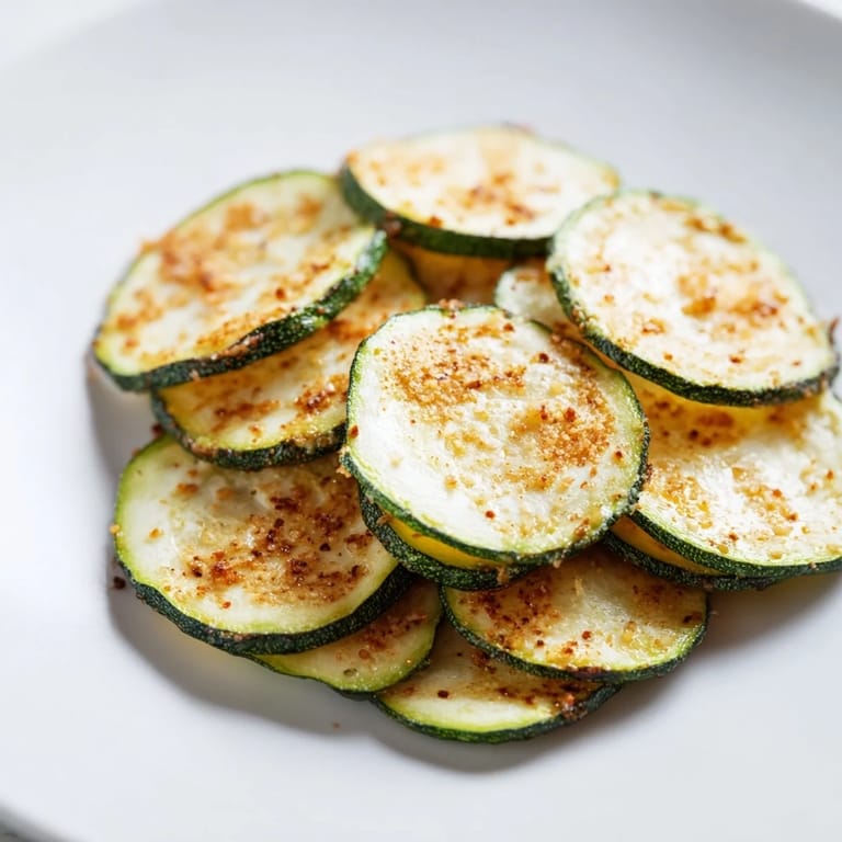 Close-up of freshly baked crispy zucchini chips, lightly seasoned and arranged on a baking sheet.