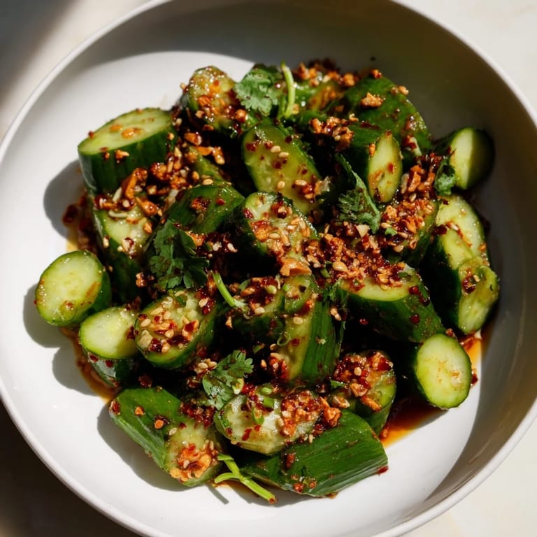 A colorful bowl of Chinese Spicy Smashed Cucumber Salad, a vegan delight with a zesty, flavorful dressing.