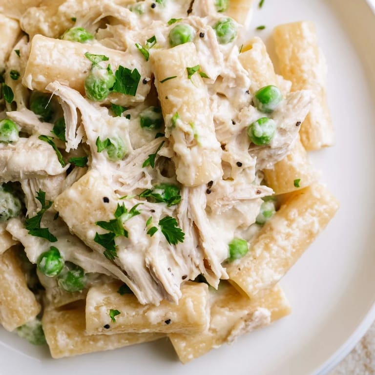 Imagine the aroma! This slow cooker Chicken Alfredo pasta bake is presented with fresh parsley.