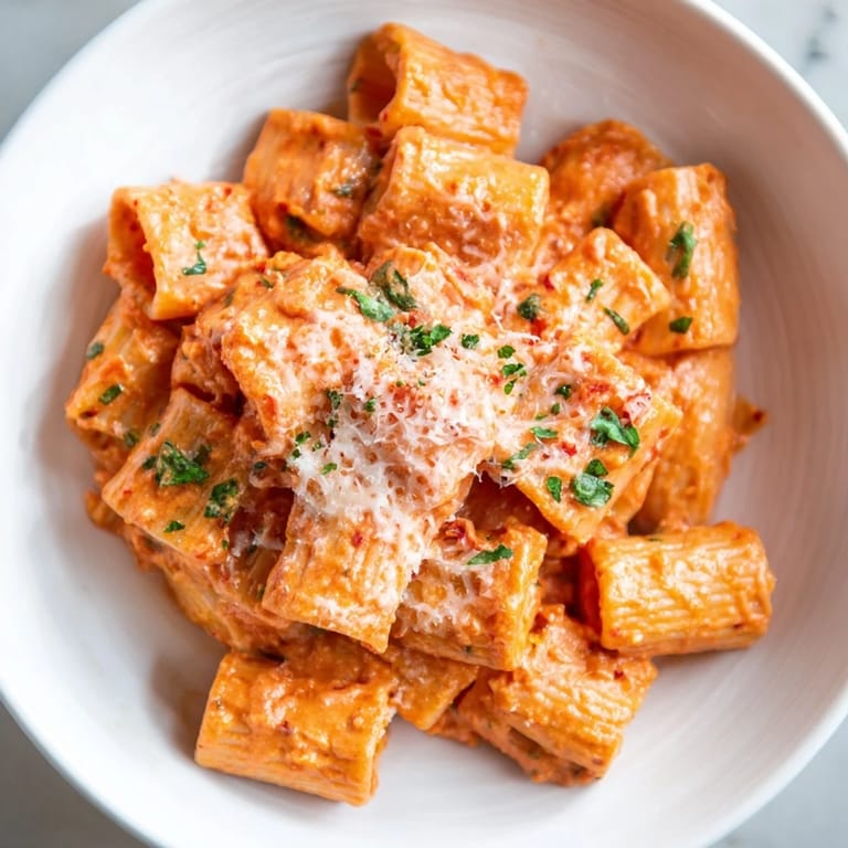 Close-up of Gigi Hadid's spicy rigatoni: creamy pasta with a luxurious tomato vodka sauce and chili flakes.