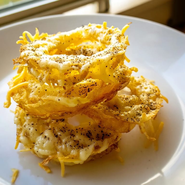 Air-fried and crisp, these Crispy Onion Cheese Chips feature melted cheese atop tender onion rings.