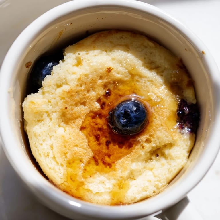 Golden, fluffy microwave mug pancakes presented in a ceramic mug, ready for a delicious bite.