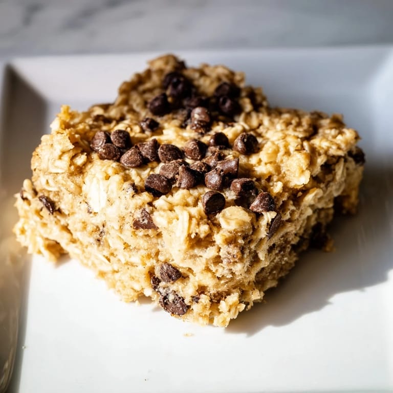 A square of freshly baked Baked Oats That Taste Like Cake, topped, tempting and visually delicious for breakfast.