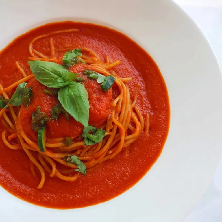 Homemade Veggie-Loaded Tomato Pasta Sauce: a visually stunning, smooth, and flavorful sauce ready to be served.