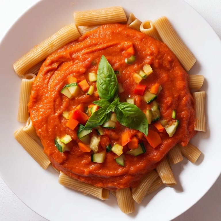 This Veggie-Loaded Tomato Pasta Sauce shows a creamy texture, perfect for a healthy pasta dinner.