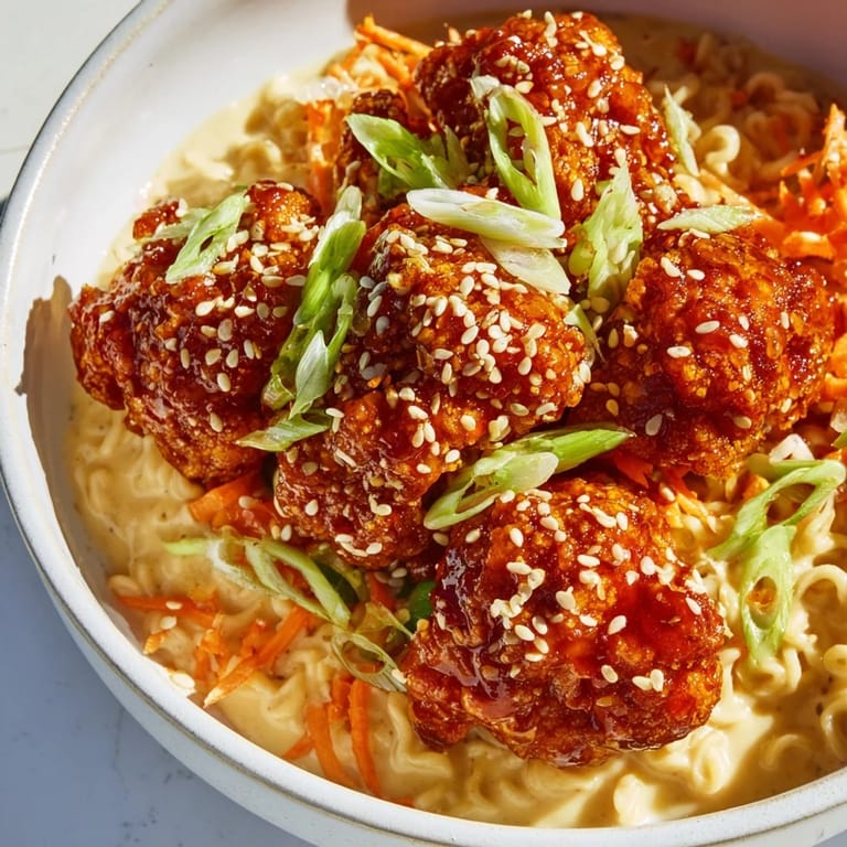View a bowl of vibrant Buffalo Cauliflower Ramen, topped with fresh greens and sesame seeds, so delicious.