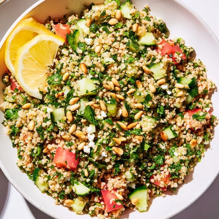 This vibrant tabbouleh grain bowl is packed with fresh herbs, tomatoes, and bulgur, ready to enjoy.