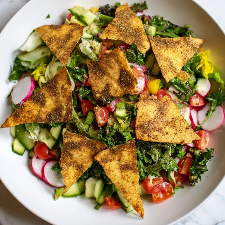 This Fattoush Crunch Salad showcases a medley of crisp greens and vegetables, perfect for a refreshing lunch.