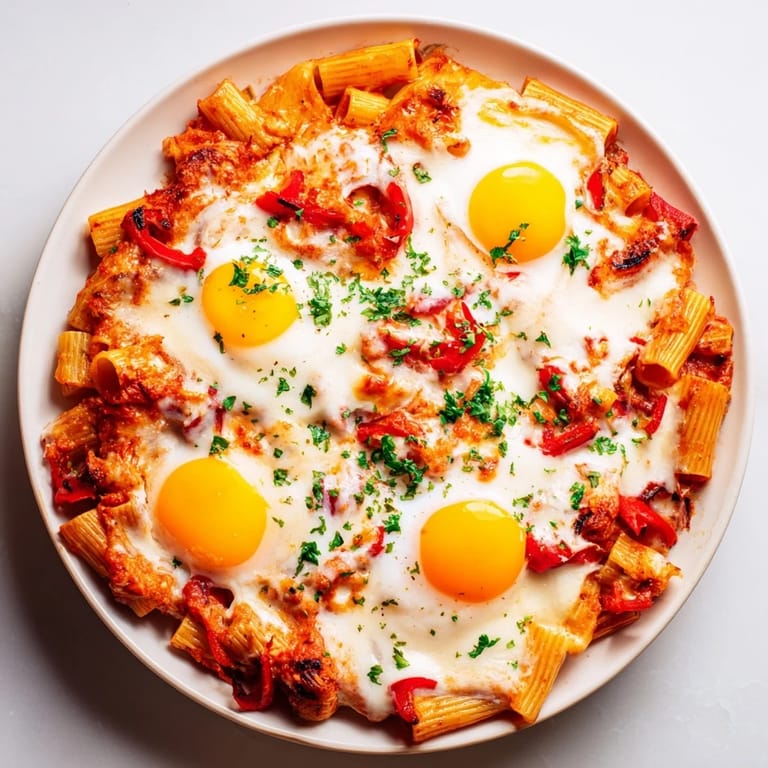 Imagine savory Shakshuka Baked Pasta, a hearty casserole with melted cheese and spiced tomato base.