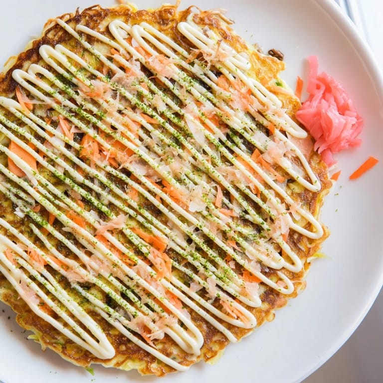 A close-up of Japanese Okonomiyaki Pancakes featuring fluffy texture, aonori seaweed, and a drizzle of mayo, ready to serve for dinner.