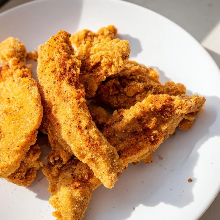 A serving of Crispy Fried Chicken Tenders alongside sweet honey mustard and a side of fries.