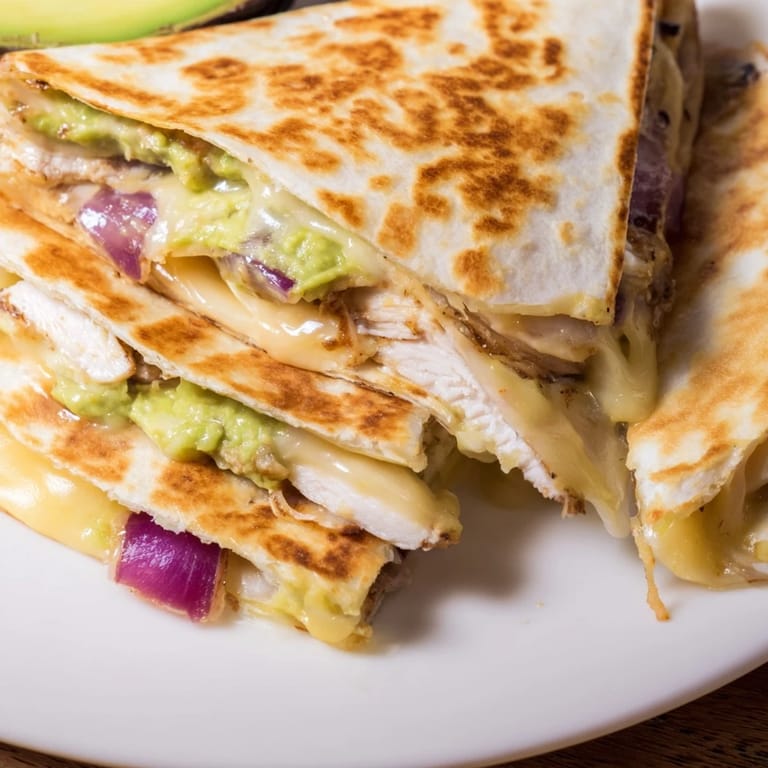 Inside the cheesy Chicken Avocado Quesadilla, creamy avocado mash and grilled chicken are visible.