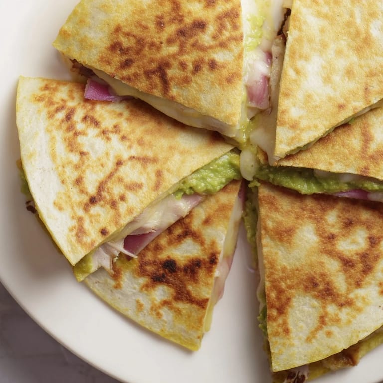 Freshly cooked Chicken Avocado Quesadilla with melted cheese and cilantro garnish, served warm.