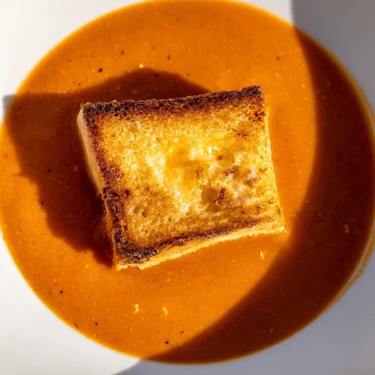 Roasted tomato soup with grilled cheese croutons, a cozy family dinner idea with vibrant red hues.