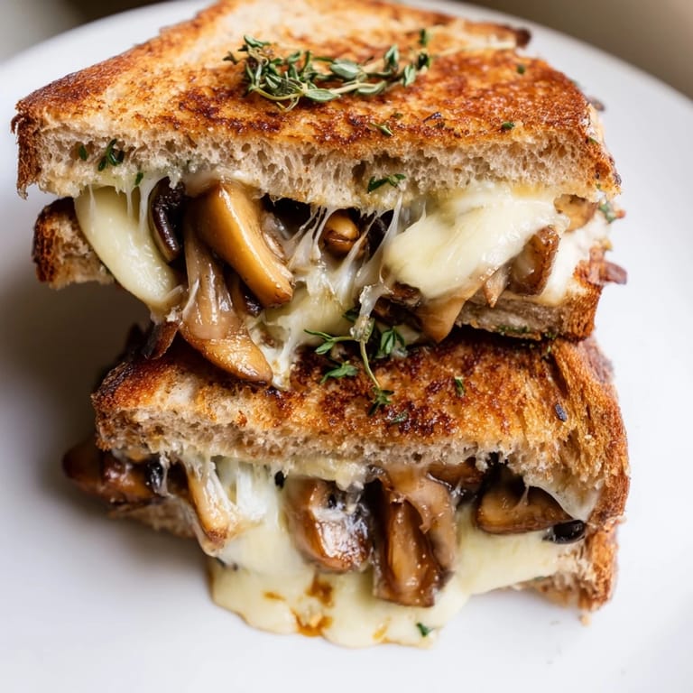 Fresh thyme garnishes the open-faced Mushroom Swiss Grilled Cheese, paired with creamy tomato soup on a rustic wooden table.
