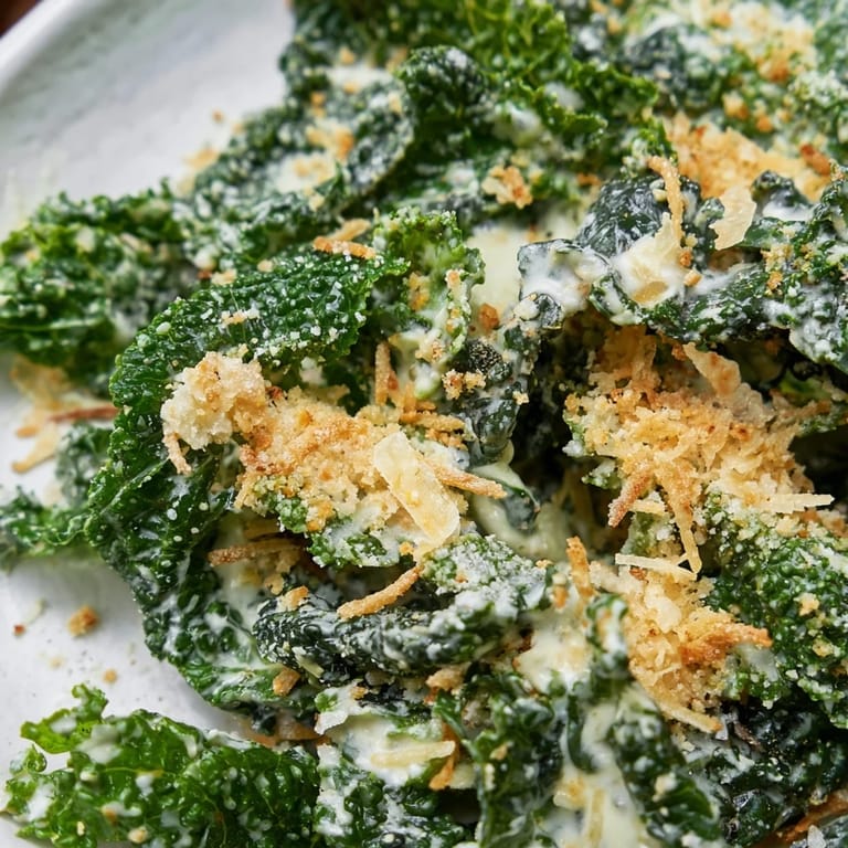 A vibrant Garlic Parmesan Kale Salad featuring tender greens, a zesty lemon-garlic dressing, and crunchy panko breadcrumbs for a satisfying side dish.  