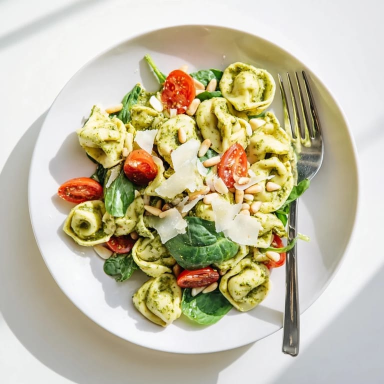 Pesto Tortellini Salad served in a white bowl, garnished with toasted pine nuts and grated Parmesan, perfect for summer picnics.  