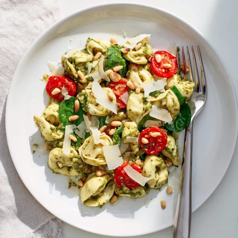 A fresh serving of Pesto Tortellini Salad with al dente tortellini, juicy tomato halves, and herbs, ready to enjoy chilled.