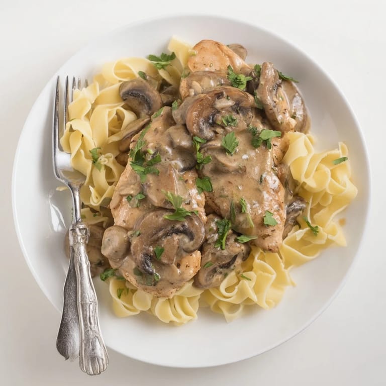 Hearty Creamy Chicken Marsala with golden chicken in a creamy mushroom and Marsala sauce, served over pasta with parsley.