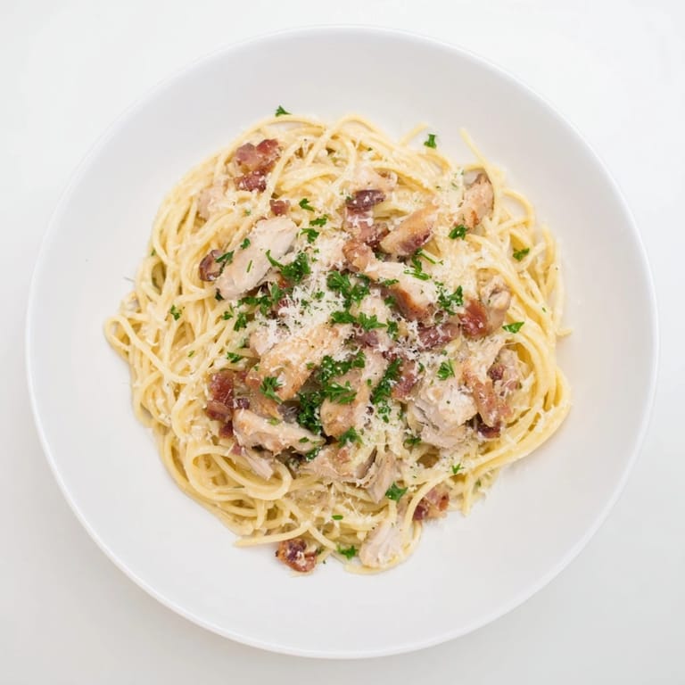 Creamy chicken carbonara served in a white bowl topped with fresh parsley and pepper.  