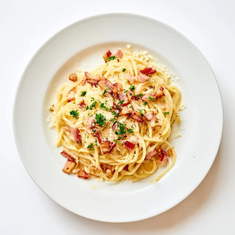 Close-up of rich chicken carbonara with shredded chicken, bacon, and velvety egg sauce.