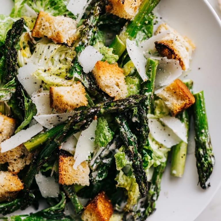 A generous serving of Roasted Asparagus Caesar Salad features crunchy croutons, shaved Parmesan, and a light, creamy yogurt Caesar dressing.