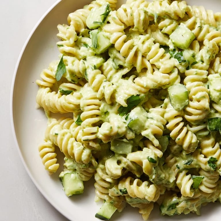 Fresh Green Goddess Pasta Salad featuring a creamy avocado dressing, tender short pasta, and bright lemon for a light lunch.
