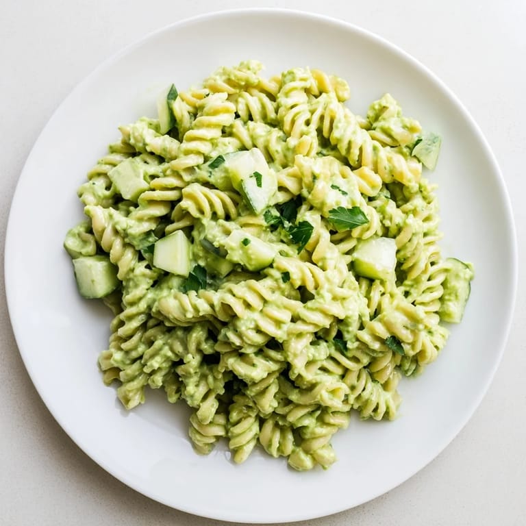 Tossed Green Goddess Pasta Salad with al dente fusilli, baby spinach, and chopped parsley on a picnic-ready platter.