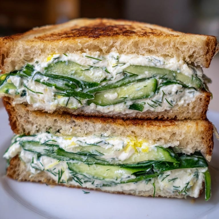 Warm golden grilled cheese sandwich made with whipped feta and cream cheese, layered with crisp cucumber and tangy lemon flavor.  