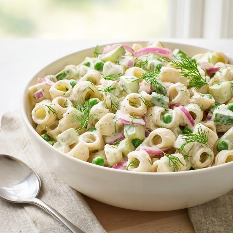 Creamy dill pickle pasta salad tossed with peas and celery, a vegetarian side dish perfect for summer picnics and barbecues.